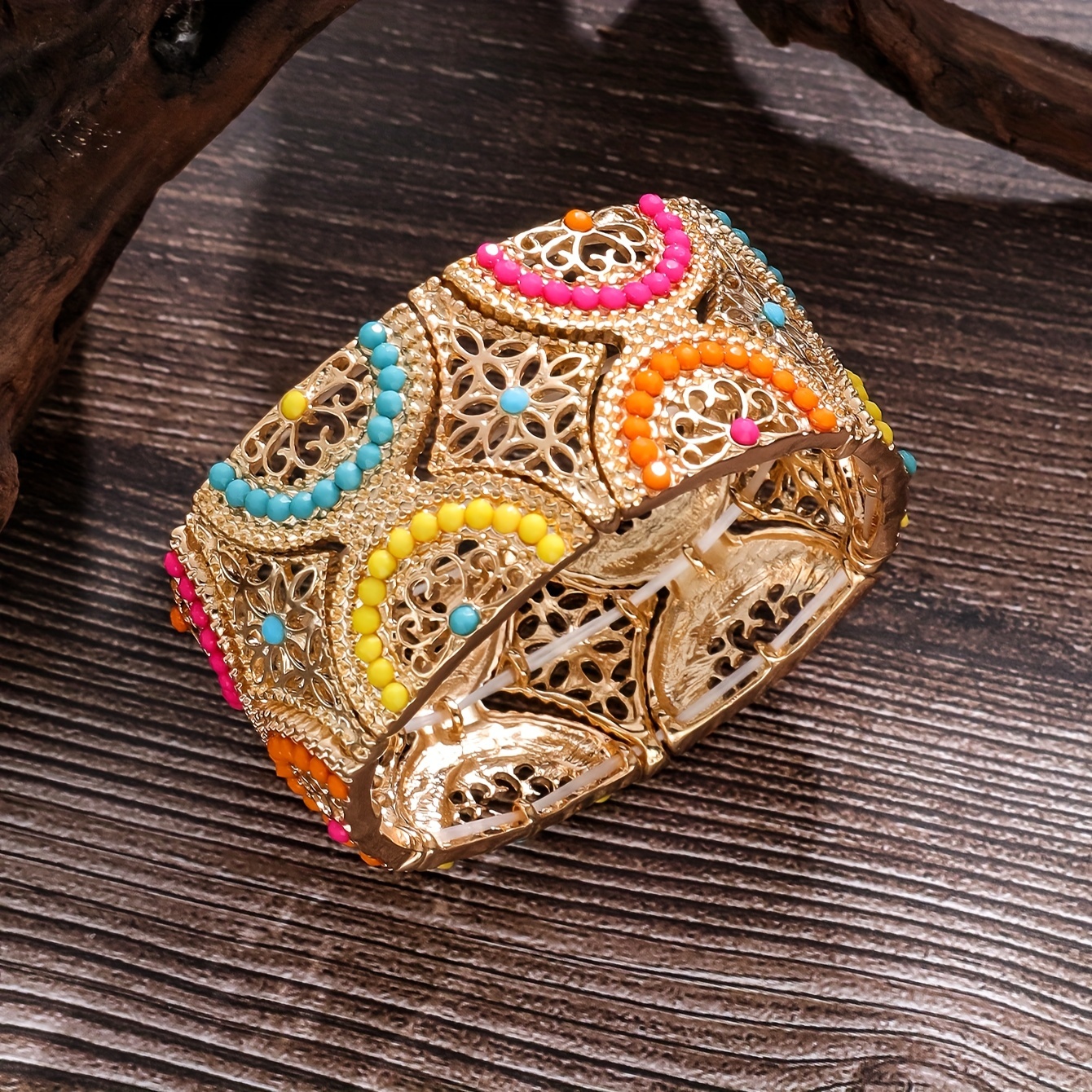 

Bohemian Vintage Colorful Elastic Wide Cuff Hollow-out Bracelet, Embellished With Colorful Plastic Beads Accessory For Women Daily Wear