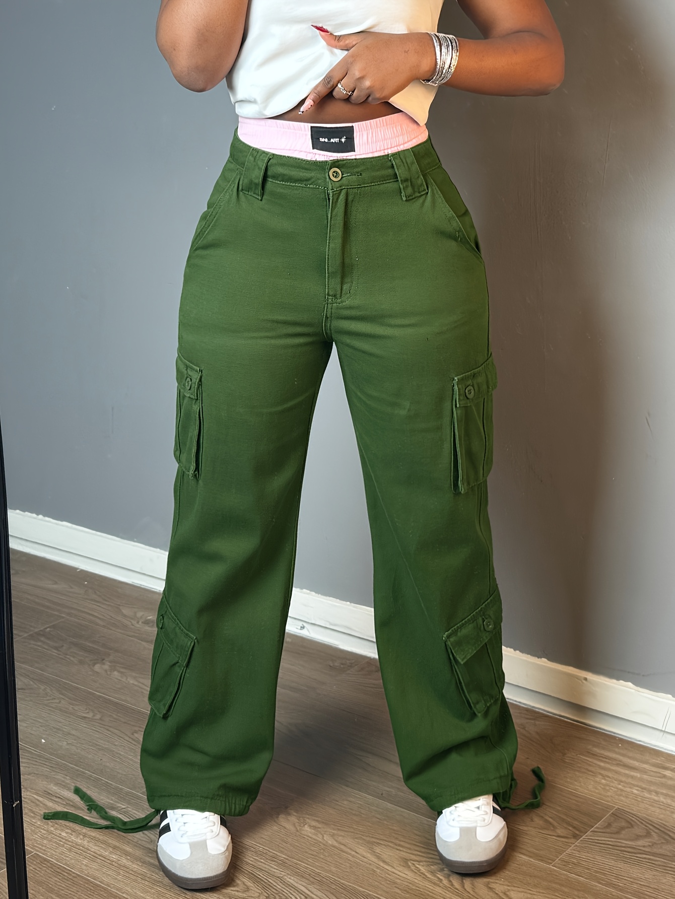 Women's Army Green Cargo Jeans Adjustable Legs, Side Pockets, Non-Stretch  Denim Style, Solid Color, High-* Design, Loose Fit with