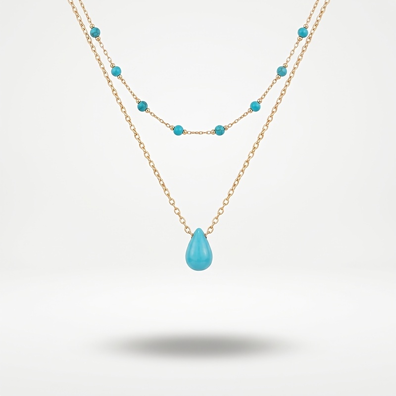 TEMU 1pc Vintage Bohemian Double Layer Turquoise Necklace, Summer Double Layer Bead Drop Turquoise Necklace, Hypoallergenic Non-fading Stackable