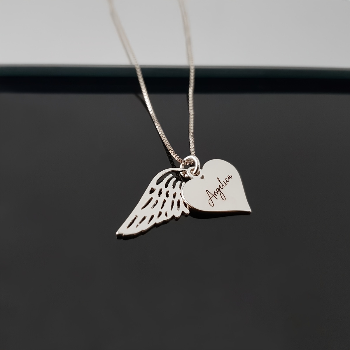 TEMU Personalized Women's Exquisite Heart Wing Pendant Necklace, 18k Gold-plated Stainless Steel, Customizable With English Names, Minimalist Style,