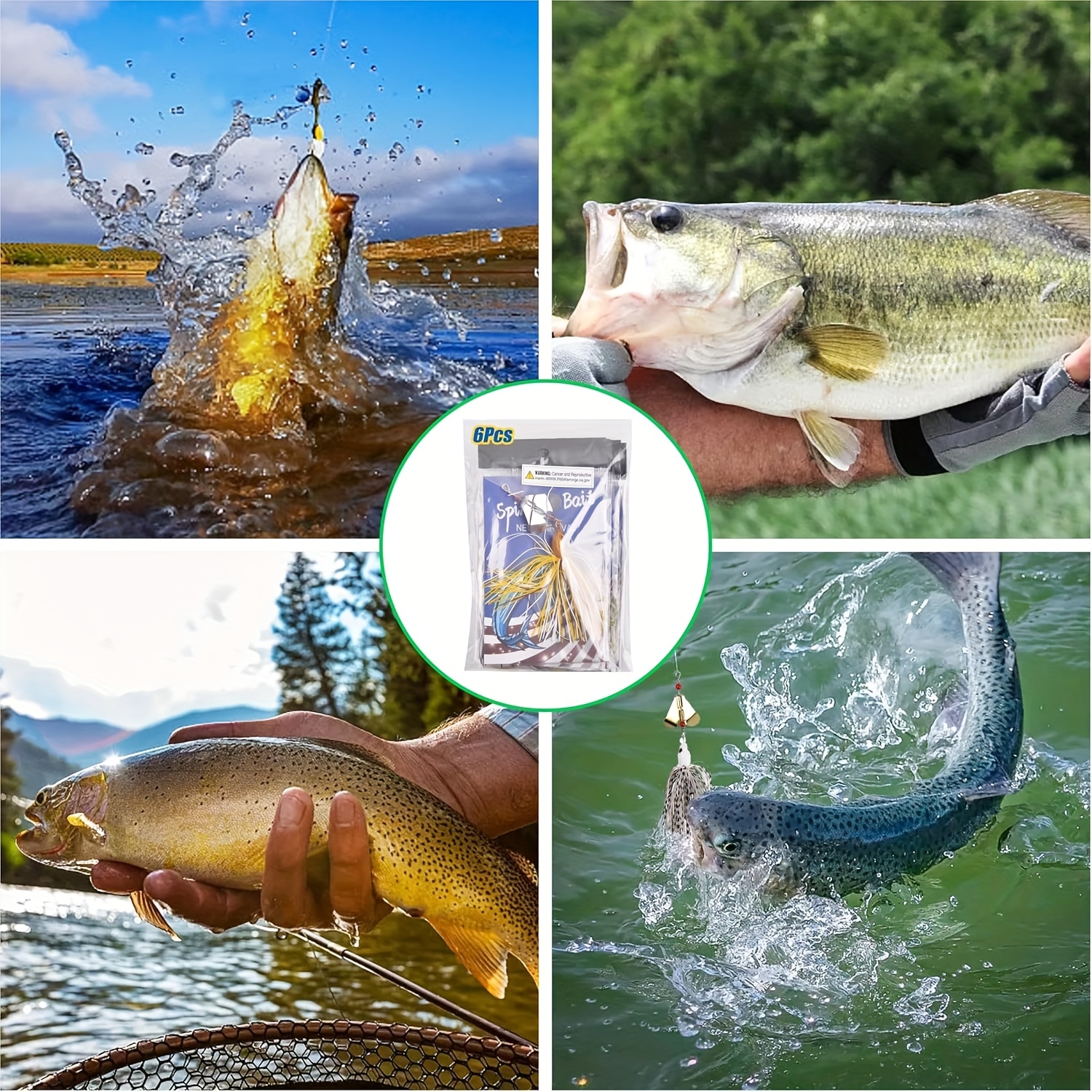 Set of 6 Multicolored Spinnerbait Fishing Lures for Bass, Trout, and Salmon, Suitable for Freshwater and Saltwater