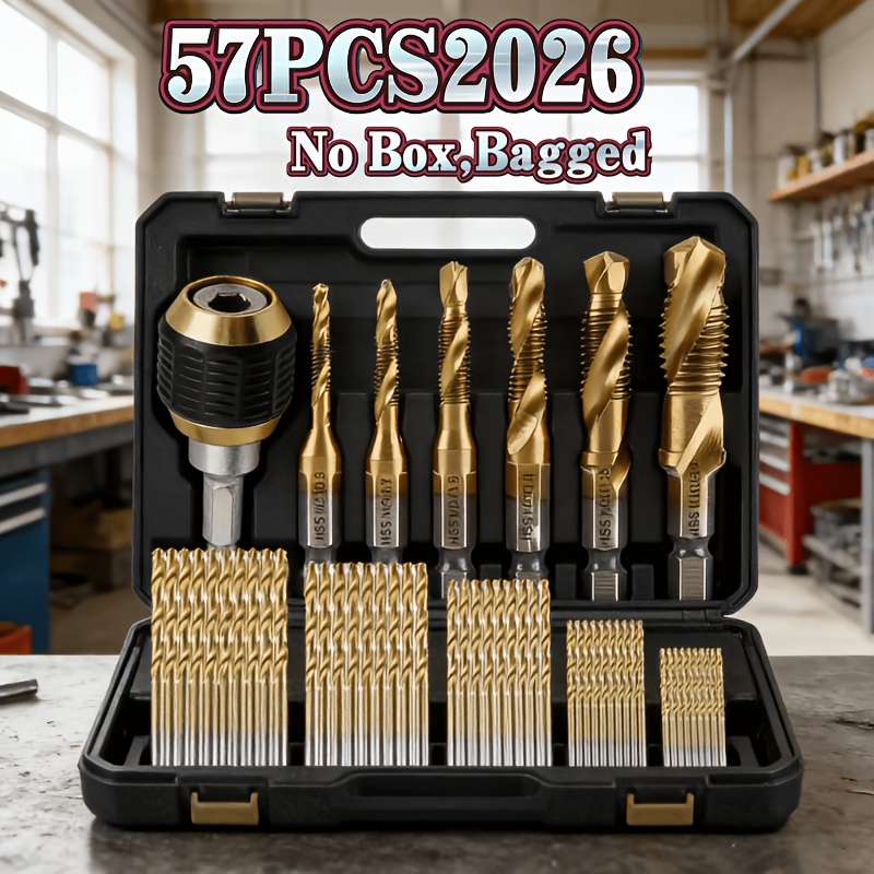 57pcs Titanium-coated Steel Drill Bit Set -change Bit Adapter, Drilling And Tapping -function Drill Bits - Suitable For Construction, Renovation, Woodworking, , Etc