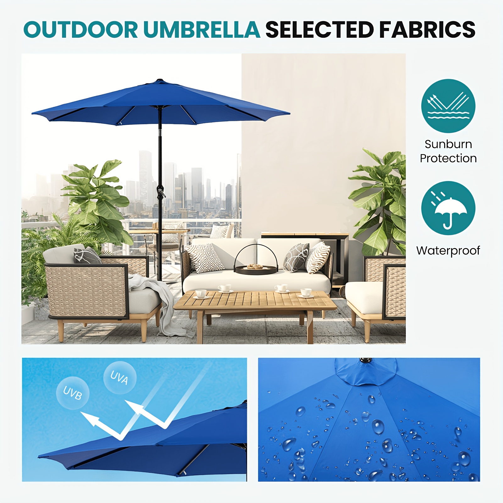 9 ft 8-Rib Outdoor Patio Umbrella with Crank and Tilt, Stable Sunshade for Patios, Beaches, and Restaurants, Available in Blue, Khaki, and R