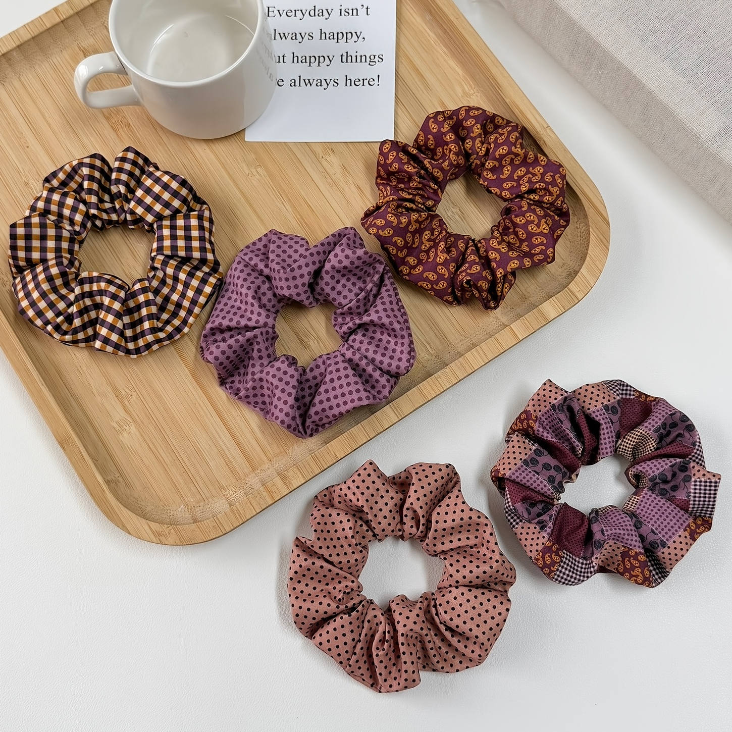 TEMU 5pcs Women's Retro Elegant Fashion Polka Dot Paisley Fabric Print Large Hair Tie Set, Bright Colors Soft Comfortable Breathable Fabric, High