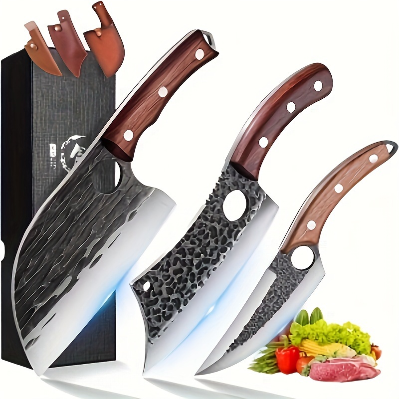 

3pcs Butcher Cleaver Knife Set For Meat Cutting Serbian Chef Knife Boning Cleaver With Sheaths For Kitchen Outdoor Bbq Camping Birthday Father's Day Christmas Gift Idea Men