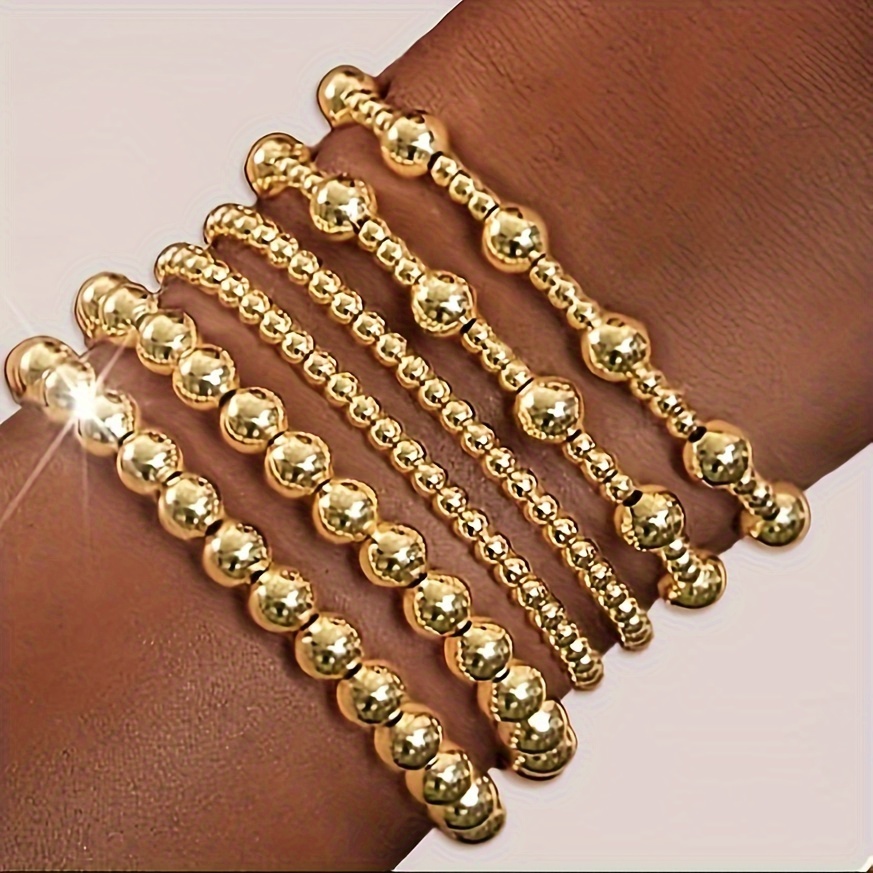 

6pcs/set Vintage Style Golden Bracelets, Handmade Bead Ball Elastic Rope Stacking Bracelet Set For Women Hand Jewelry