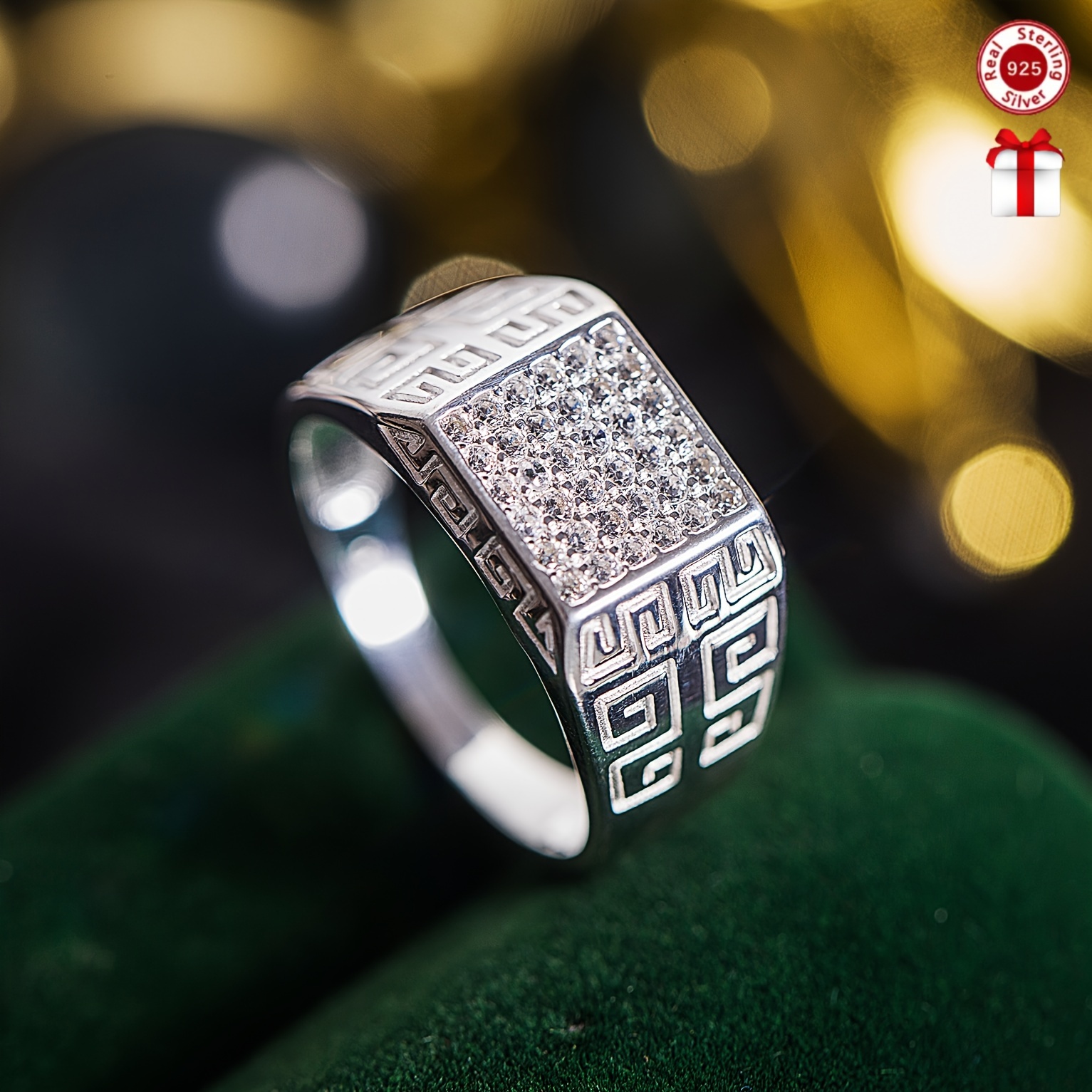 

1pc Elegant S925 Sterling Silvery Square Ring With Geometric Pattern, Synthetic Zirconia Inlay, For Anniversaries, Holidays, Weddings - Ideal Gift For , Full Inlay, Friends