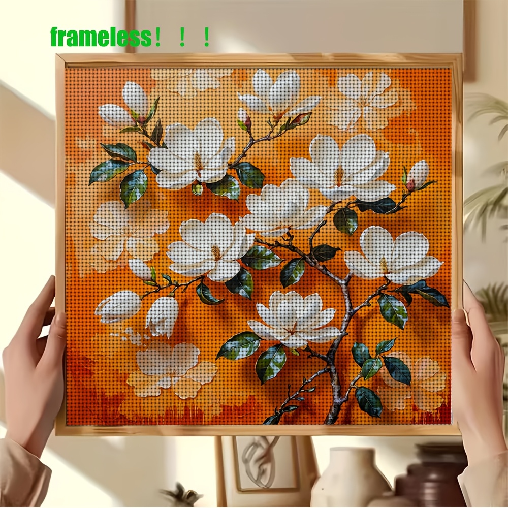 DIY Cross-Stitch Printed Kit, "White Magnolia on Orange Background" Pattern