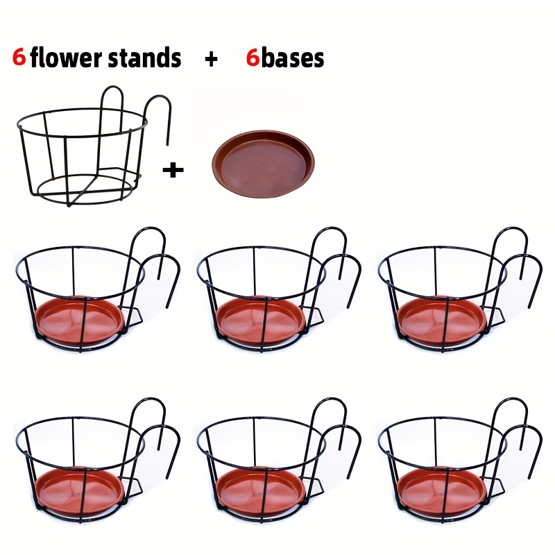 6pcs Black Flower Stand With 6pcs Brick Red Base Metal Balcony Railing Shelf For Hanging Plants, Succulent Pots And Greenery - Spring Decor