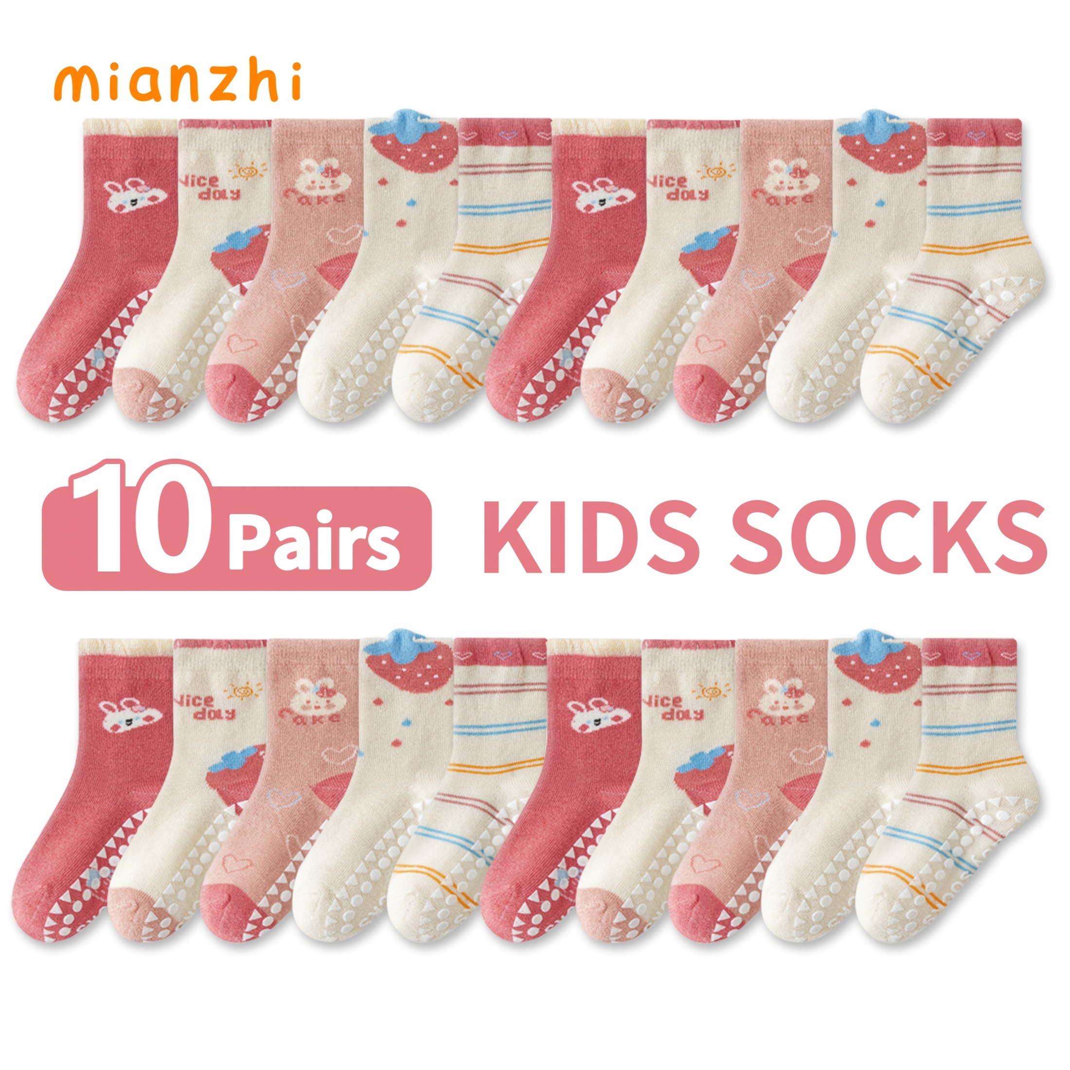 E-shop 10 Paar MIANZHI Bodensocken Cartoon Punkt Rosa Erdbeere Hase Muster Jungen Mädchen Baby Säugling Weiche Sohle Indoor Anti-Rutsch Buchstaben