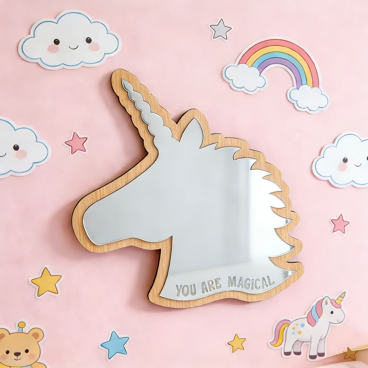 E-shop Dekorativer Spiegel in Einhornform aus Holz -- Sichere Acryl-Wandspiegel aus Holz, Wandhänge-Spiegel für Wohnzimmer und Schlafzimmer, ohne