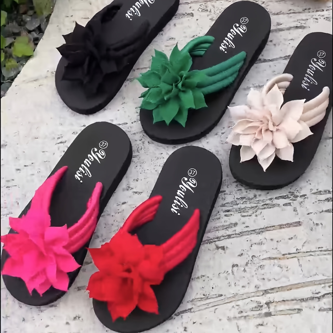 

[1pc Women's Floral Flip-flops] Women's Floral Embellished Flip-flops, Solid Color, , Slip-on, , Fabric Upper, Eva Sole & Insole, Mid Heel, With - For North America & European Special