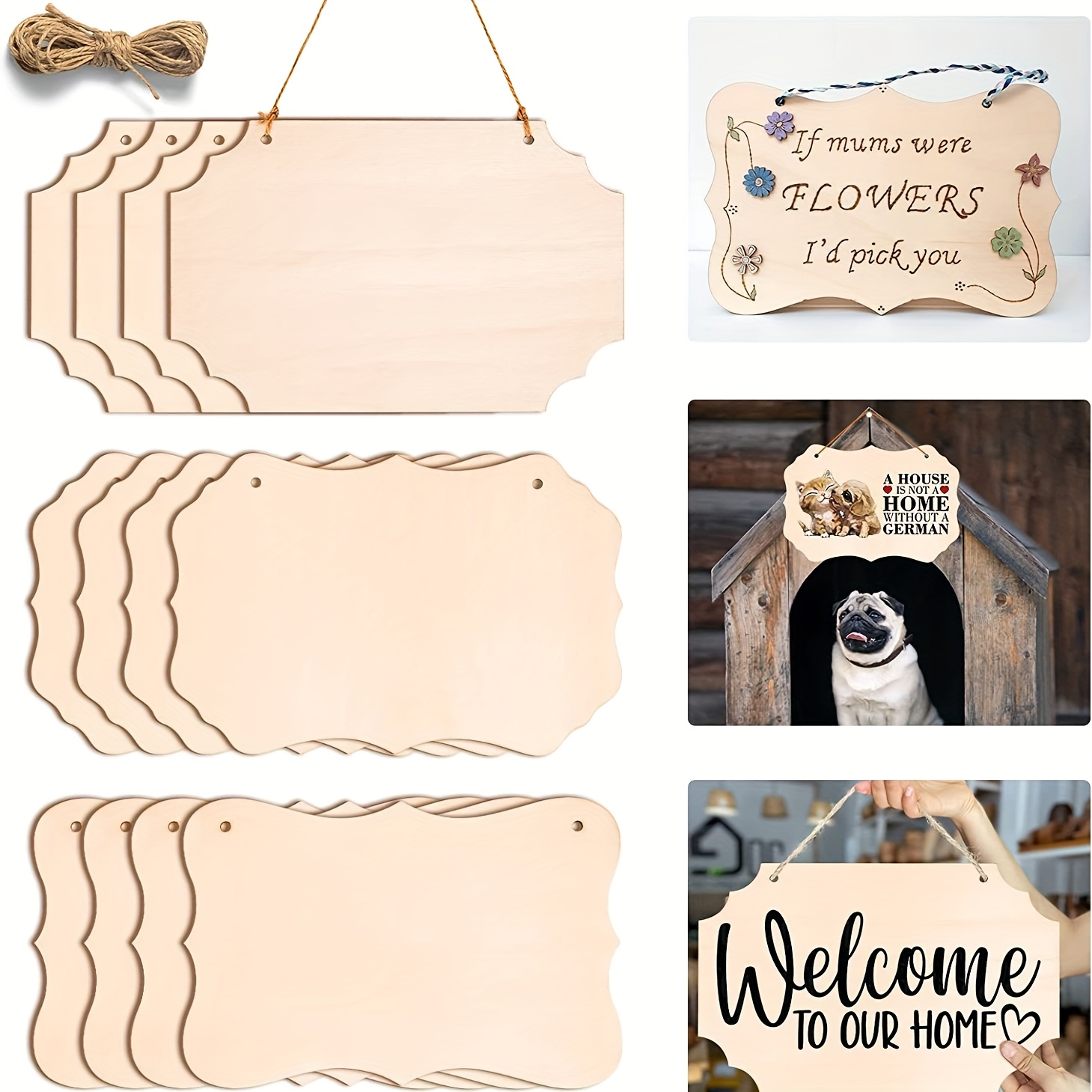 

9pcs Diy Wooden Sign Set With Ropes - Blank Boards For Home Decor, Christmas, Thanksgiving & More - No Battery Needed, Doorplates, , Rectangular, Bars