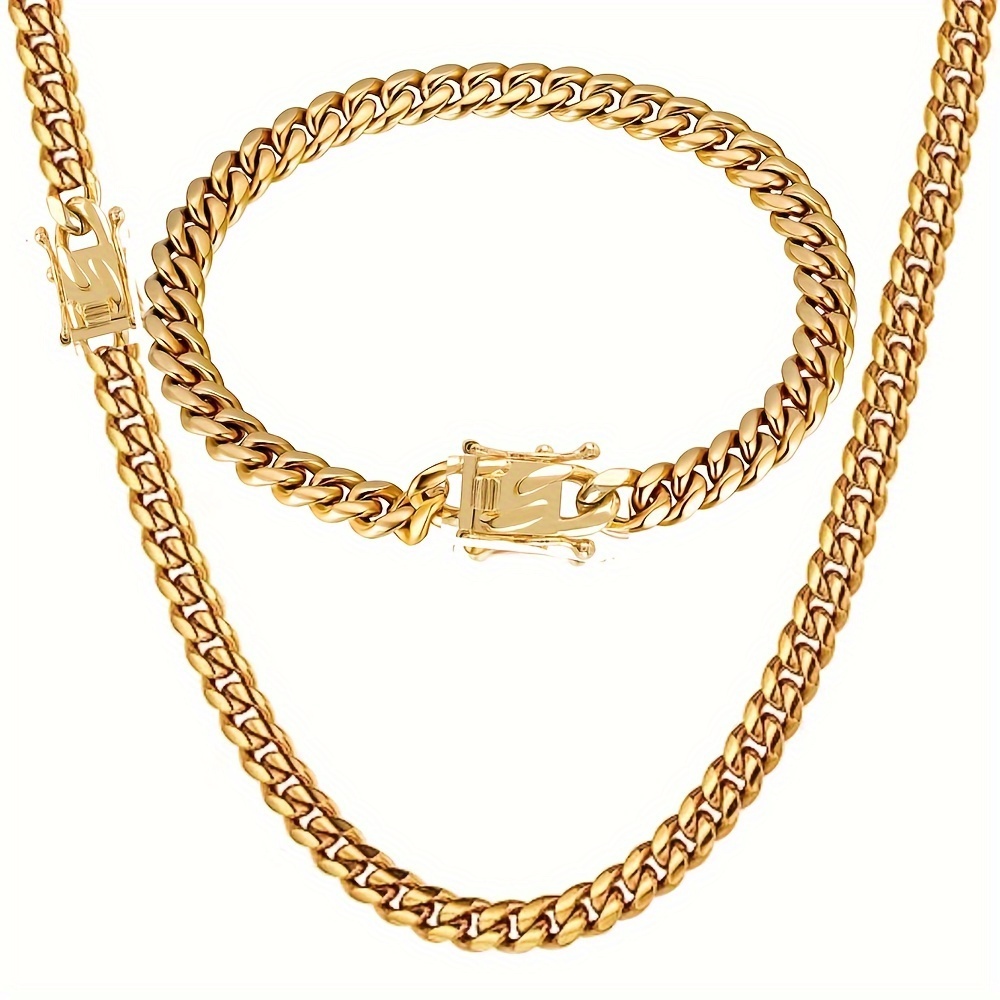 

2pcs Miami Cuban Link Chain Set For Men, Stainless Steel 8mm Curb Bracelet Necklace