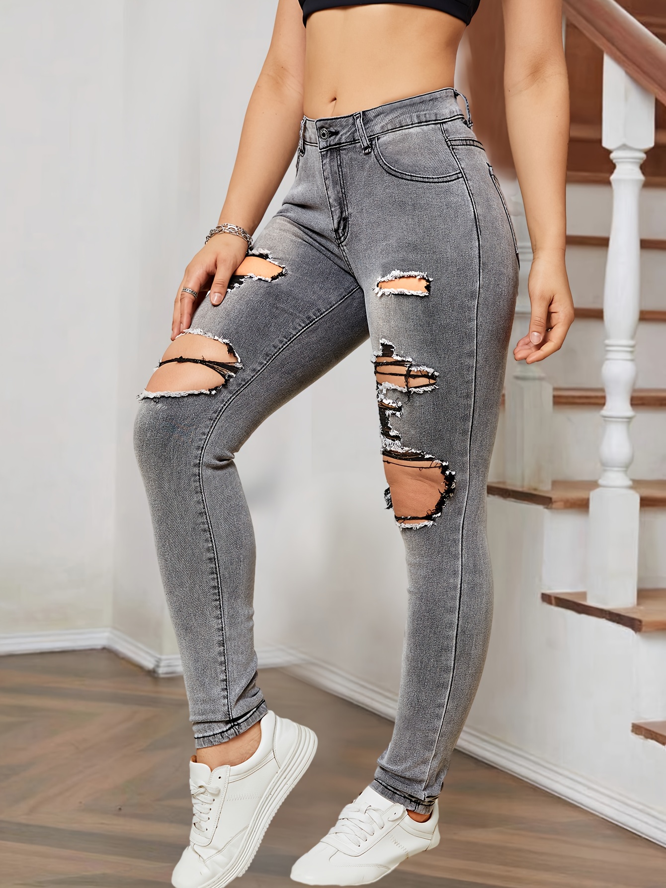 Ripped Holes Casual Skinny Jeans, Slim Fit High Stretch Distressed Tight  Jeans, Women's Denim Jeans & Clothing