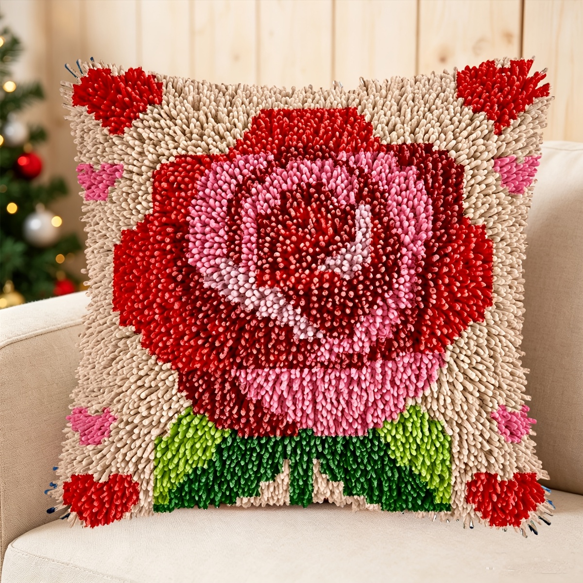 Latch Hook Kit Pillow Plant with Beautiful Roses Printed Pattern