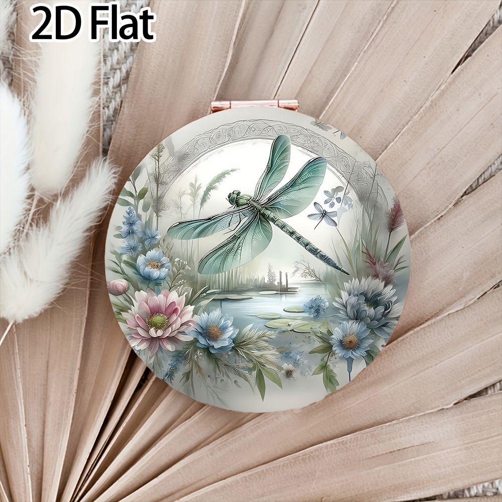 TEMU 1pc, Dragonfly Floral Pattern Mirror, Round Compact Mirror, Portable Makeup Mirror, Foldable Mini Pocket Mirror, Suitable For Makeup, Outdoor