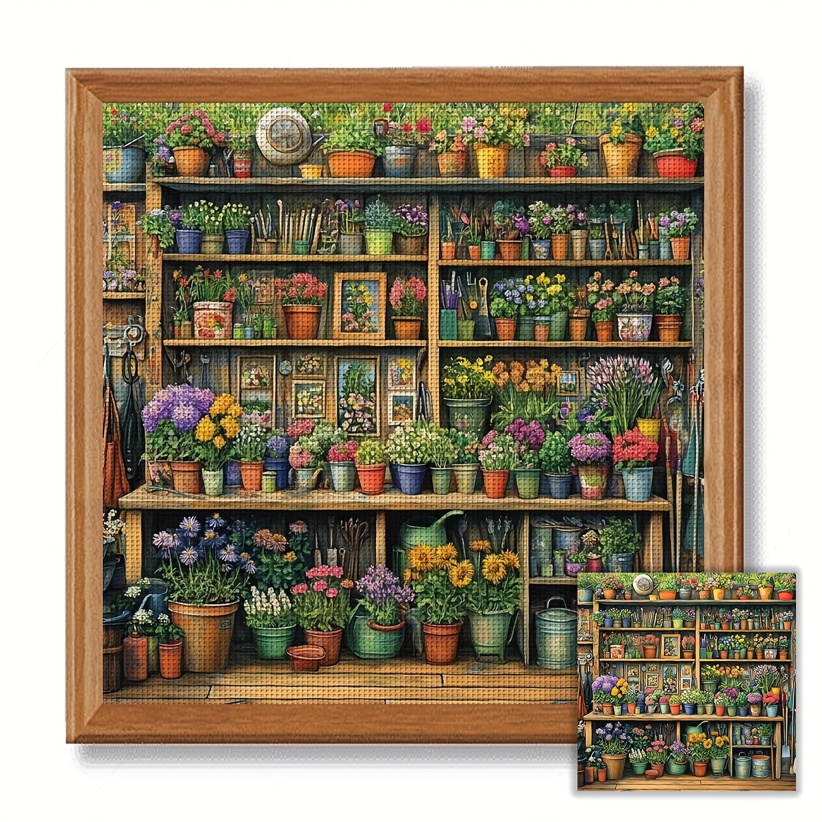 TEMU Jozysh 1pc Frameless 40x40cm/15.7x15.7inch 11ct/14ct Stamped Cross Stitch Starter Kit, Plant Stand, Relaxing Diy Cross-stitching Embroidery Kit