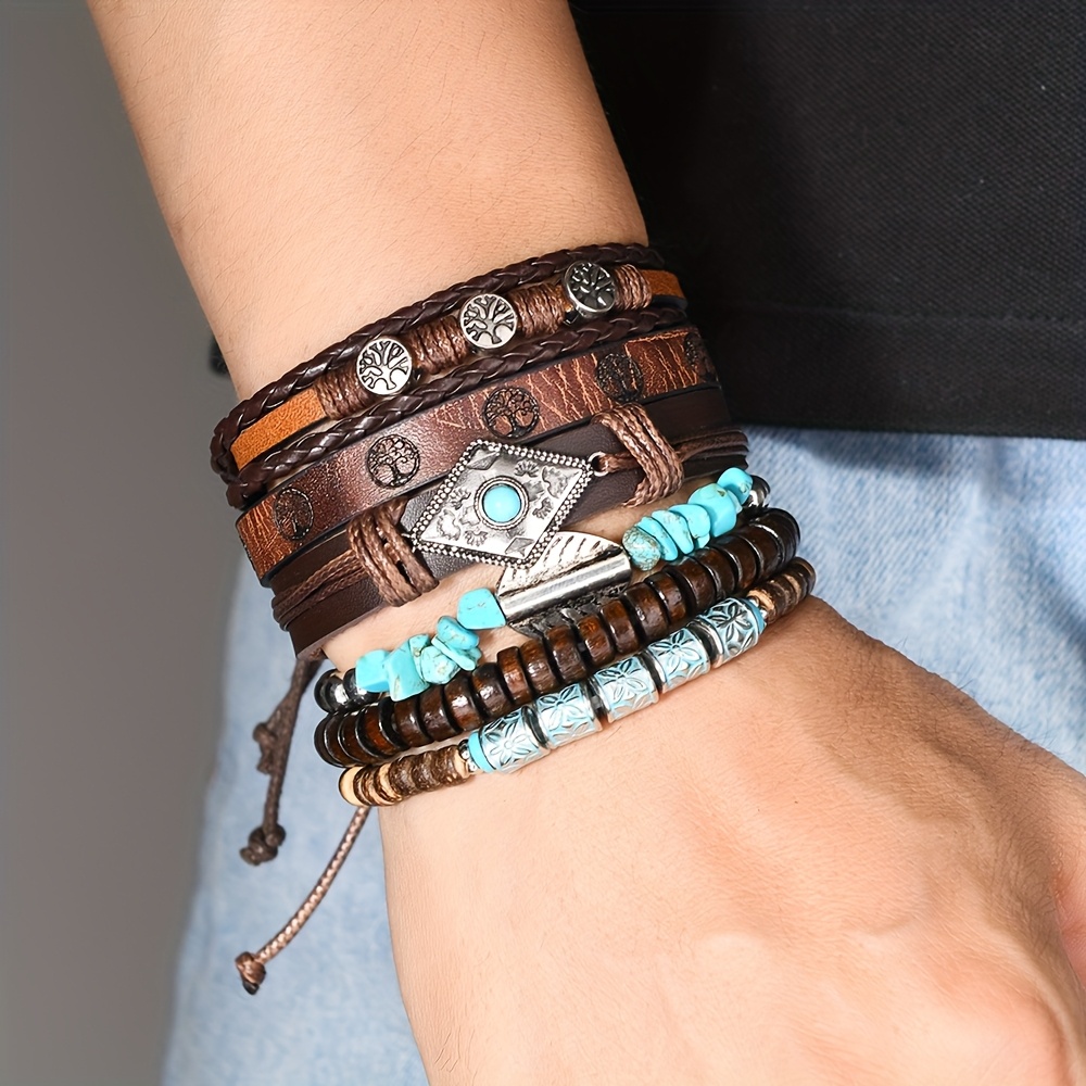 Image of Vintage Style Wooden Bead Bracelet Set With Tree Of Life Geometric Square Pattern Accessories For Men And Women