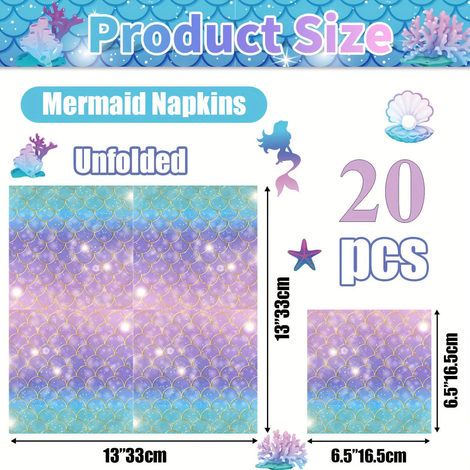 TEMU 20pcs Set, Summer Purple Mermaid Party Fish Scale Paper Napkins, Summer Holiday Birthday Party Disposable Double Layer Table Napkins, Size 13x13