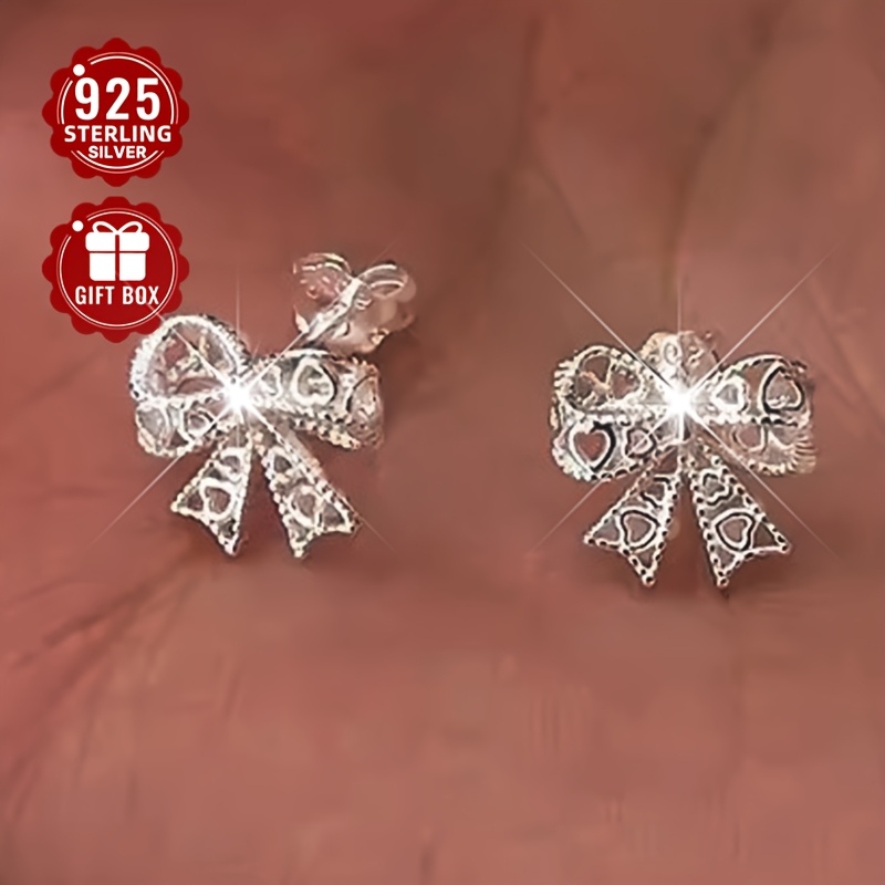 925 Silver Lace Bow Stud Earrings, Elegant Style