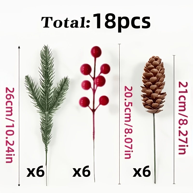 TEMU 18pcs Branches de pin et pommes de pin et décorations de rouges | Branches en plastique réalistes, ornements de sapin de Noël | Centres de table