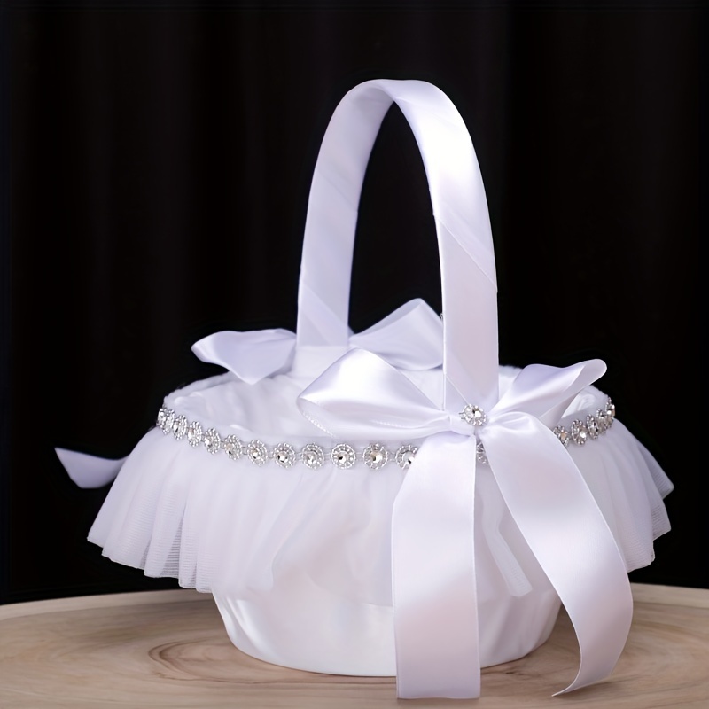 

Satin And Lace Flower Girl Basket For Wedding Ceremony, Bridal Party Elegant White Floral Basket With Rhinestone Decor