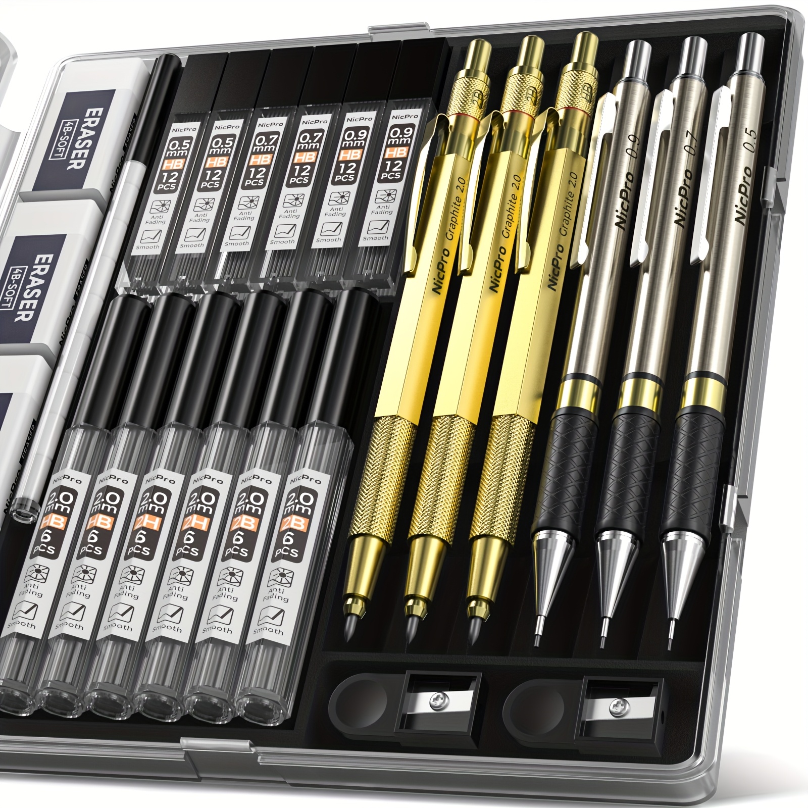TEMU 6pcs Mechanical Pencil Set, Metal Drafting Pencil 0.5, 0.7, 0.9mm & 2mm Lead Holder(2b Hb 2h) With 12 Tube Lead Refills Case-school Supplies