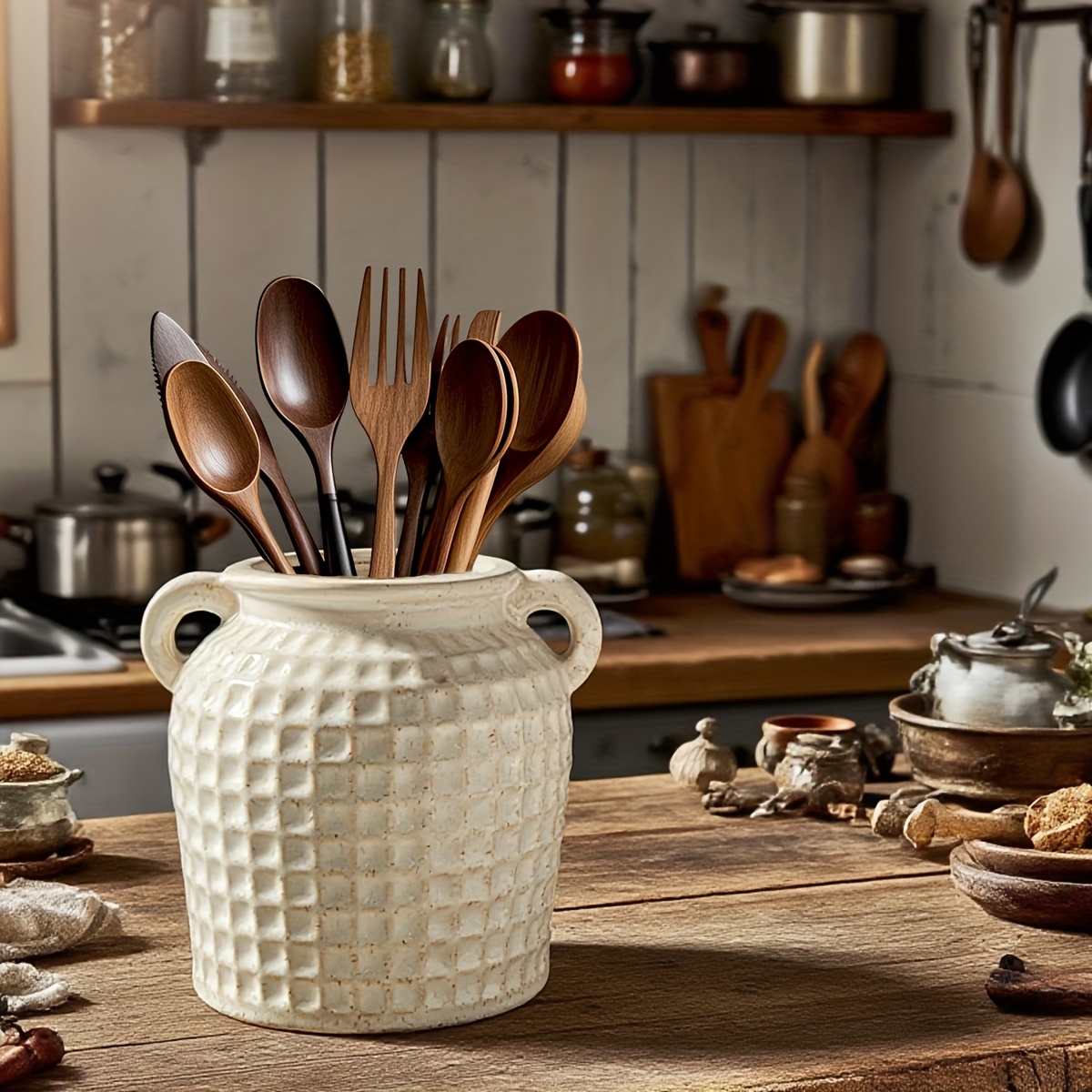 1pc Vintage Ceramic Double-Handled Vase - a Unique And Original Multifunctional Storage Jar, Suitable for Tableware And Fresh Flowers - a Rustic Style Decorative Container for The Kitchen, Dining Room, Or Living Room, Featuring a Distressed Glaze fo