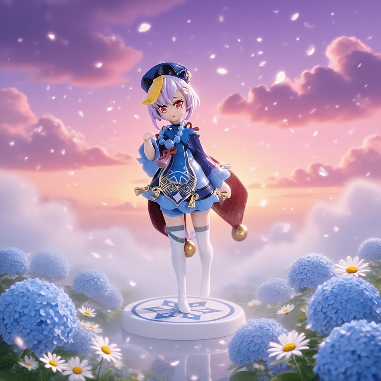TEMU Blue-purple Short Hair Girl Static Figure, New Chinese Style Blue-golden Short Skirt With Round Top Small Hat, Beaded Pendant And Golden Bell