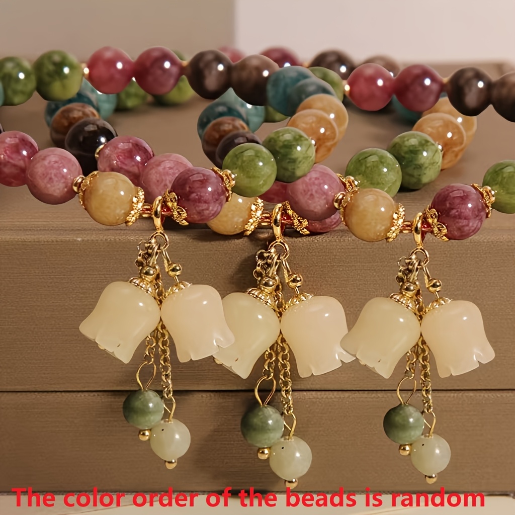 TEMU 3pcs Colorful Natural Stone Bracelets With Flower Pendants, Ethnic Style Jewelry, Perfect Gift For Girlfriend Or Best Friend, Wearable In . Bead
