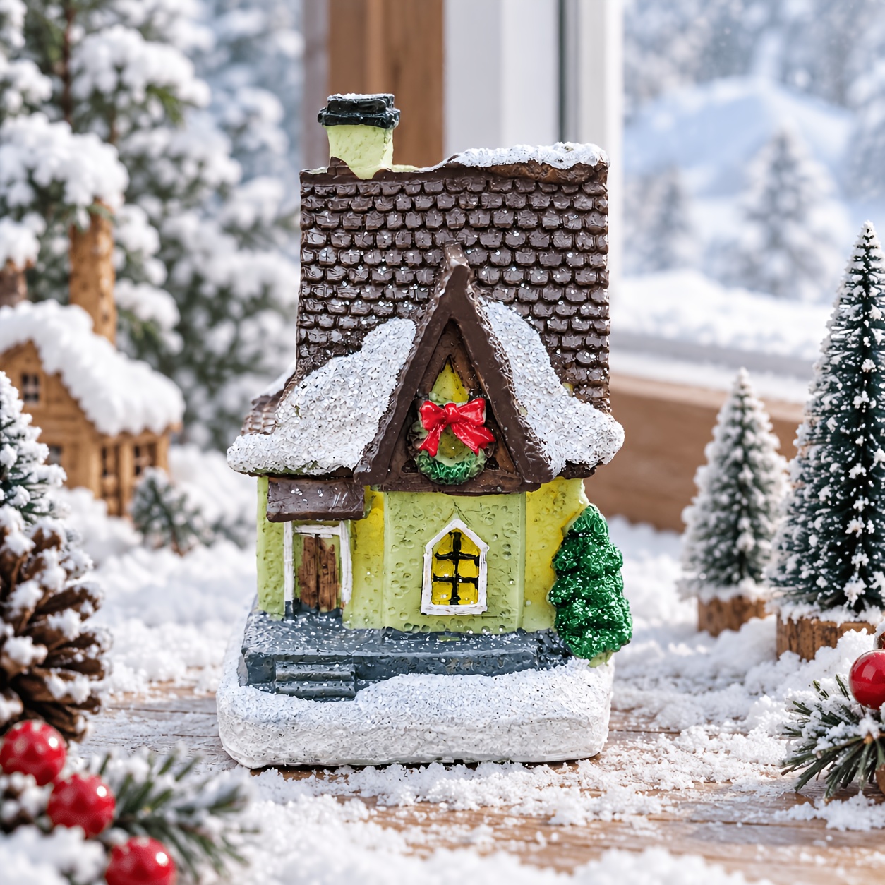 TEMU Kerst Dorps Huis Beeldje Mini Resin Sneeuwbedekte Cottage Ornament 8Cm Winter Vakantie Tafeldecoratie met en Kerstboom Feestelijk Huis