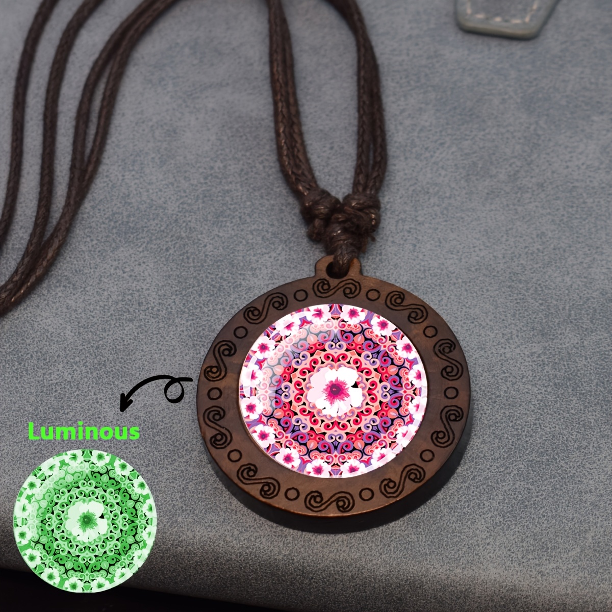 Mandala Wood & Glass Bead Pendant Necklace, Adjustable