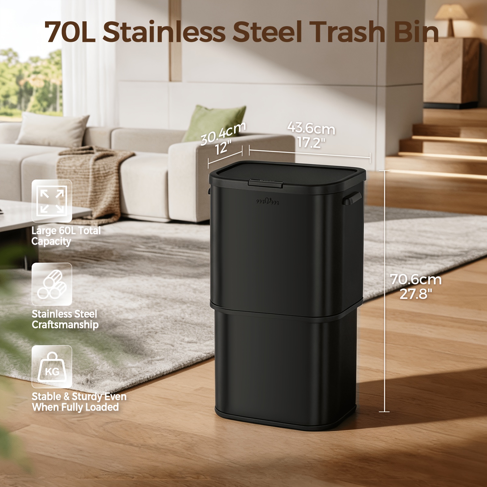 Mvm 70l Stainless -button Trash Can With Large Capacity, Silent Opening, Odor-proof, Brushed Surface, Rust-proof, Fingerprint-proof, , Suitable For Kitchens, Offices And Homes