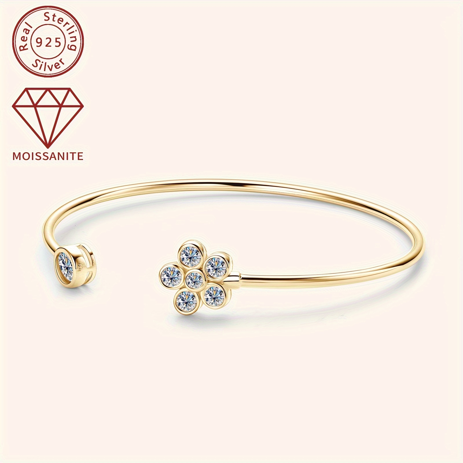 elegant floral cuff with synthetic moissanite stones 925 silver with 14k golden plating april birthstone adjustable open cuff for women 1 06ct total weight christmas and wedding jewelry accessory details 6