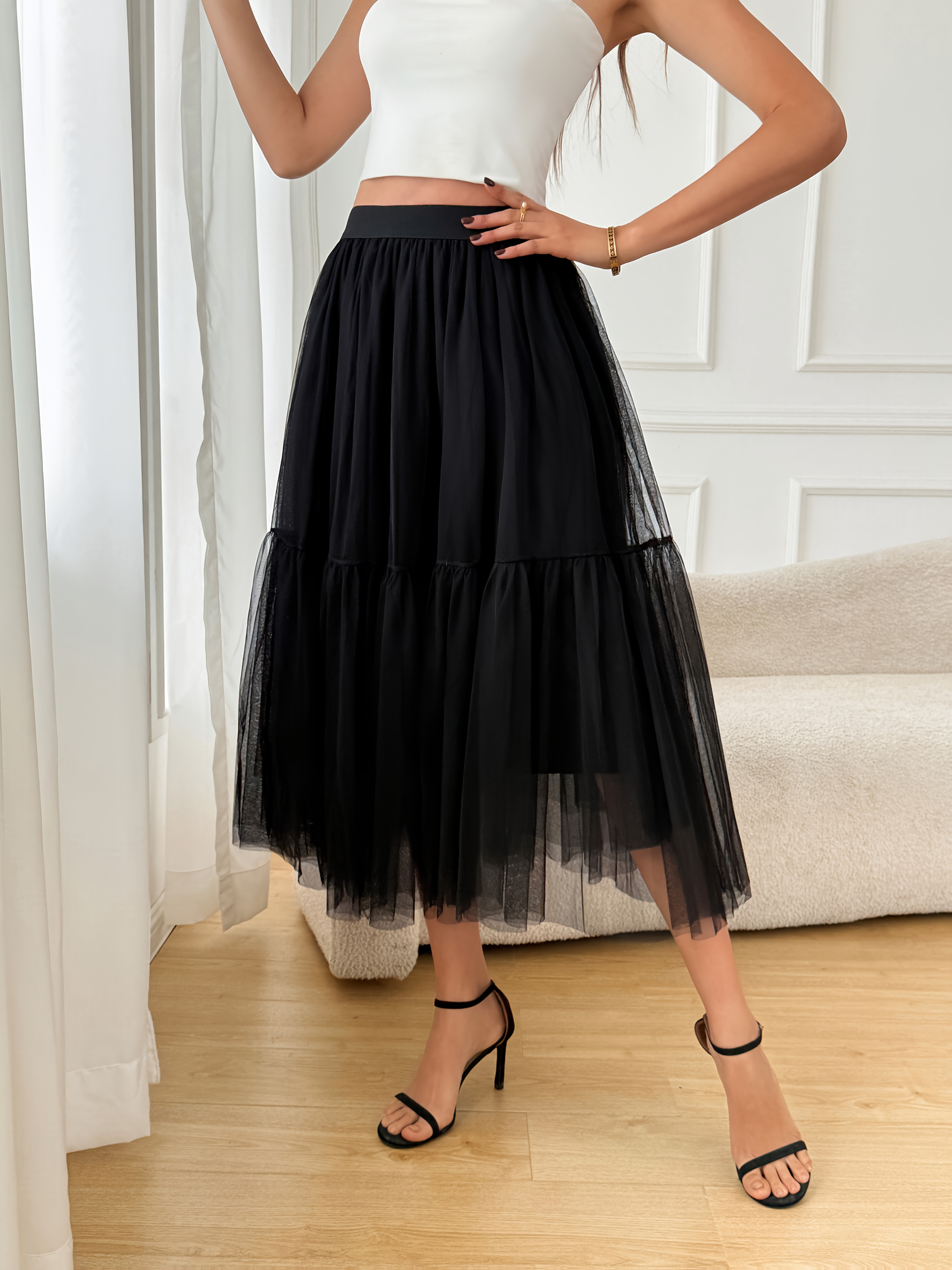 womens high waisted flared midi skirt solid color tulle mesh