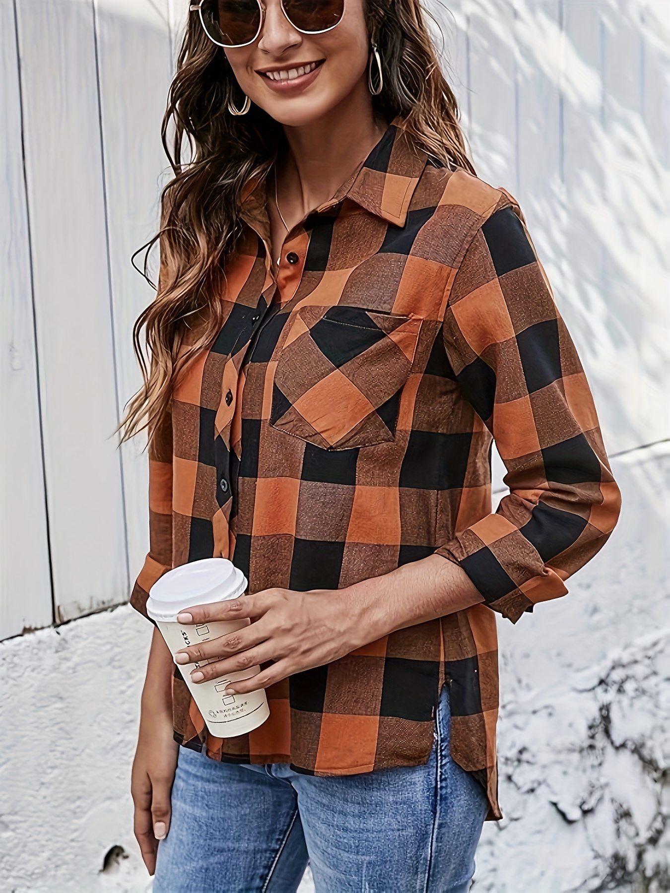 camisa cuadros cuadros mujer 100% poliéster cuello Temu Ecuador