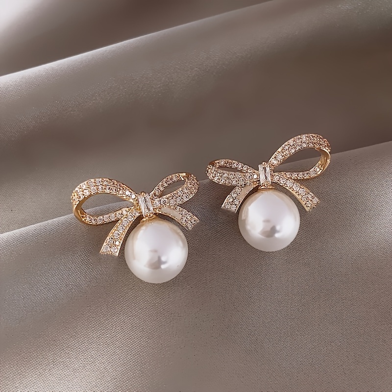 

Fashion 18k Golden Plated Bow Rhinestones Artifical Pearl Stud Earrings Women's Elegant Jewelry Women's Accessories