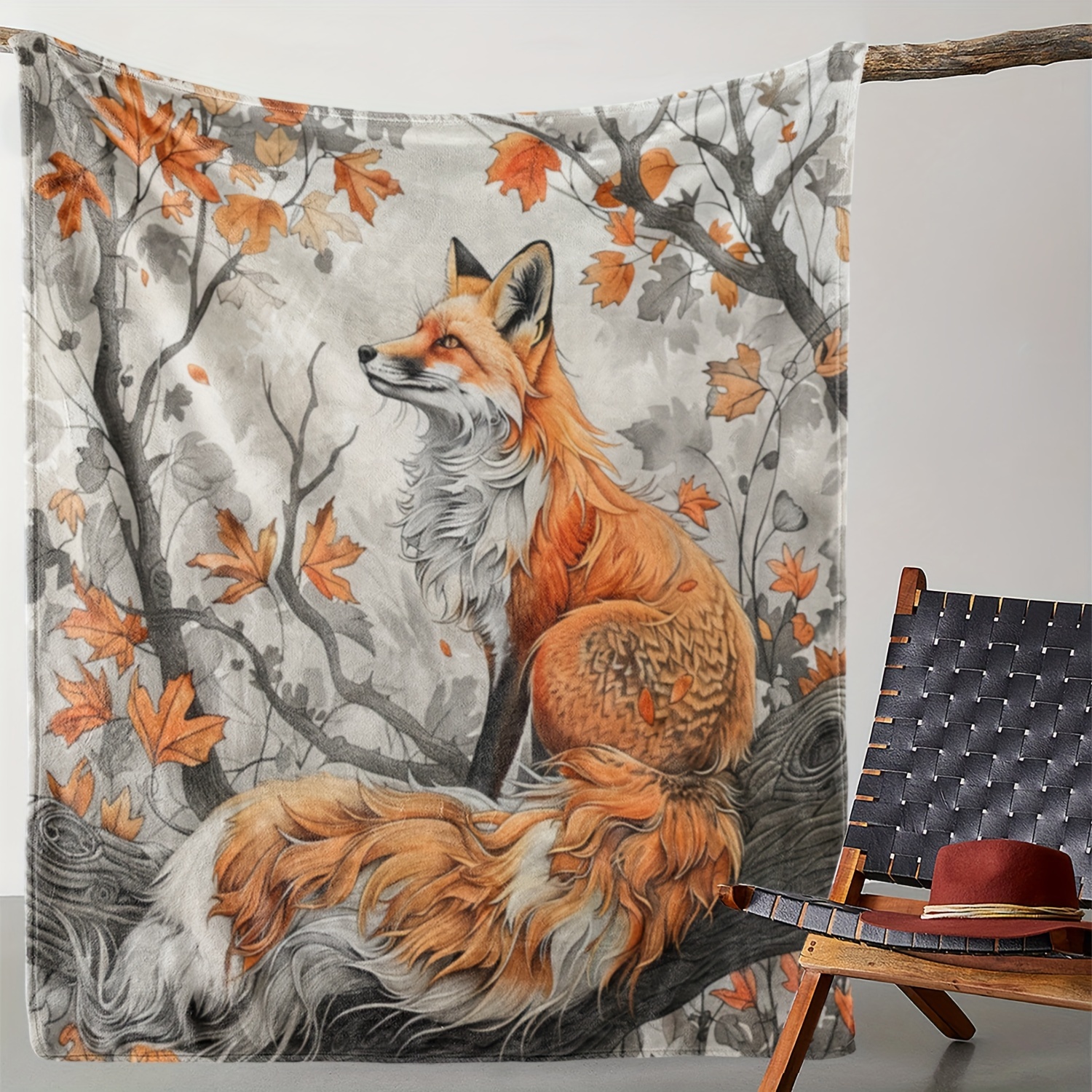 

Vintage Flannel Fleece Throw Blanket With Fox And Maple Leaves Print - All-season Comfort, Soft Cozy Warm Decorative Blanket For Sofa, Bed, Office, Travel, Polyester, Digital Printing, 250-300g Weight