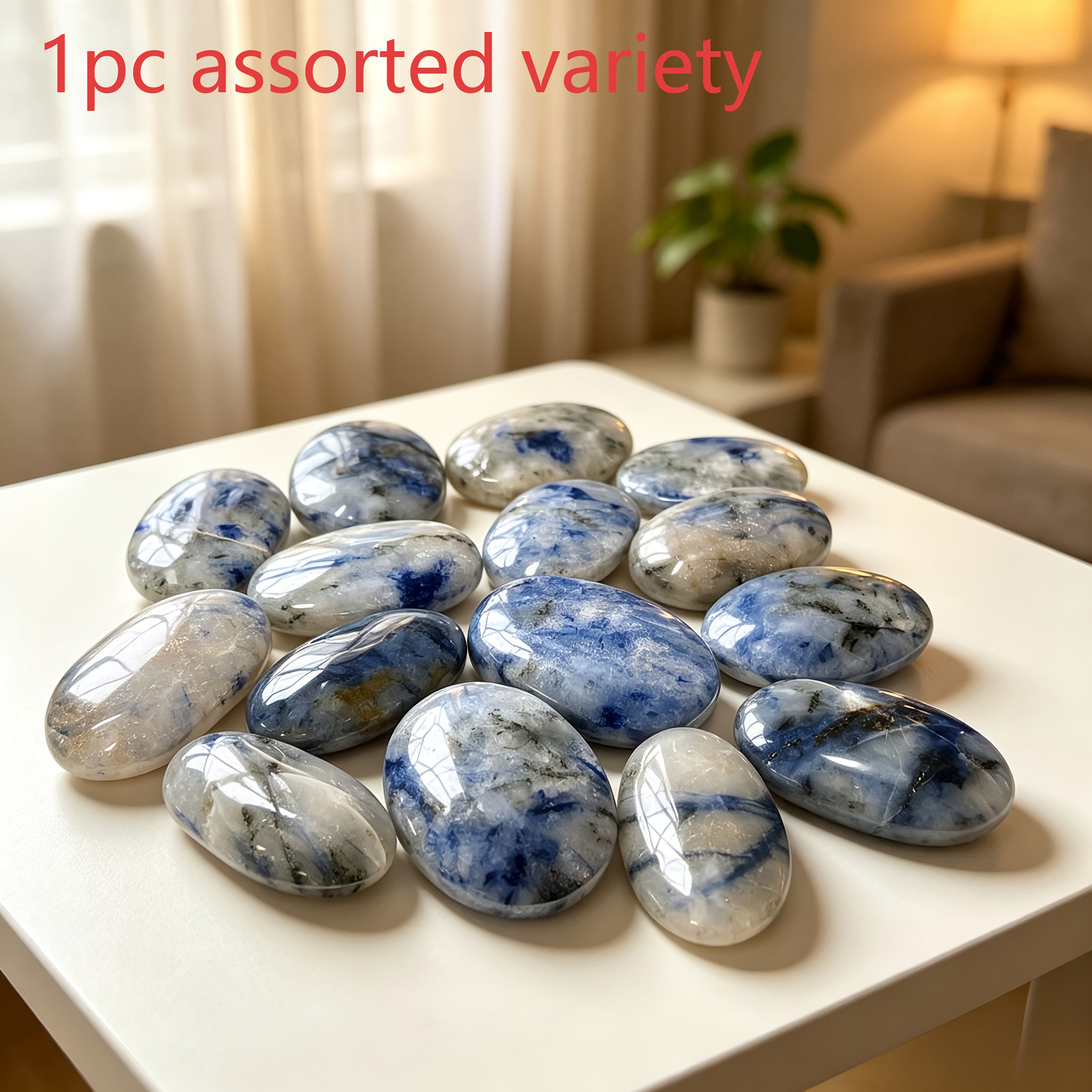 Random Polished Smooth Sodalite Palm Stone, Natural Blue White Decor