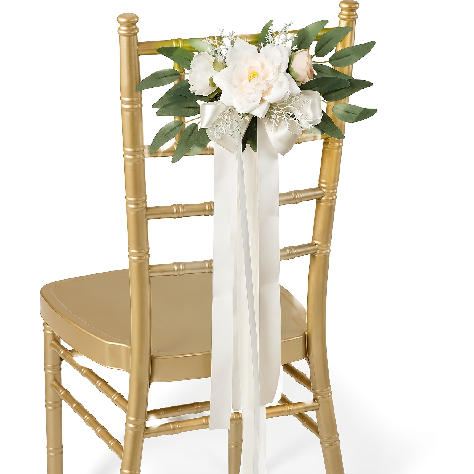 TEMU 4pcs Set Of White Chair Back Flowers, Anniversary Ceremony Decorative Flowers, Engagement Concert And Dining Scene Chair Decoration Church Chair