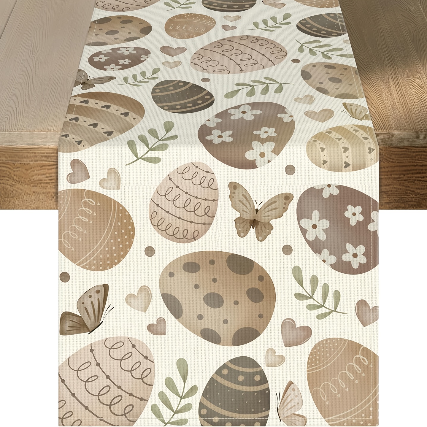 

1 Easter Table Runner With Decorative Eggs, Butterflies & Hearts - 100% Polyester, Rectangular, Woven Design For Indoor/outdoor Decor, Table Decorations