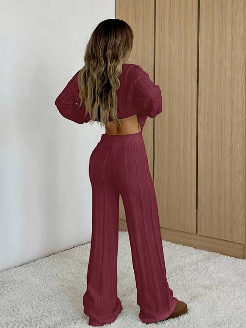 bk260807036 fall winter long sleeve womens sweater wide leg pants fashion cable casual loose two piece set