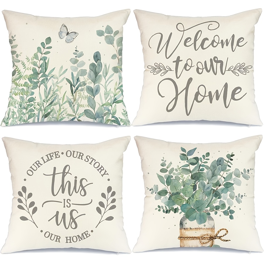 

4pcs, Pillow Coverseucalyptus Leaves Mason Jar Spring Pillows Decorative Throw Pillows Light Blue Pillowcase Summer Decorations Farmhouse Decor For Couch Sofa