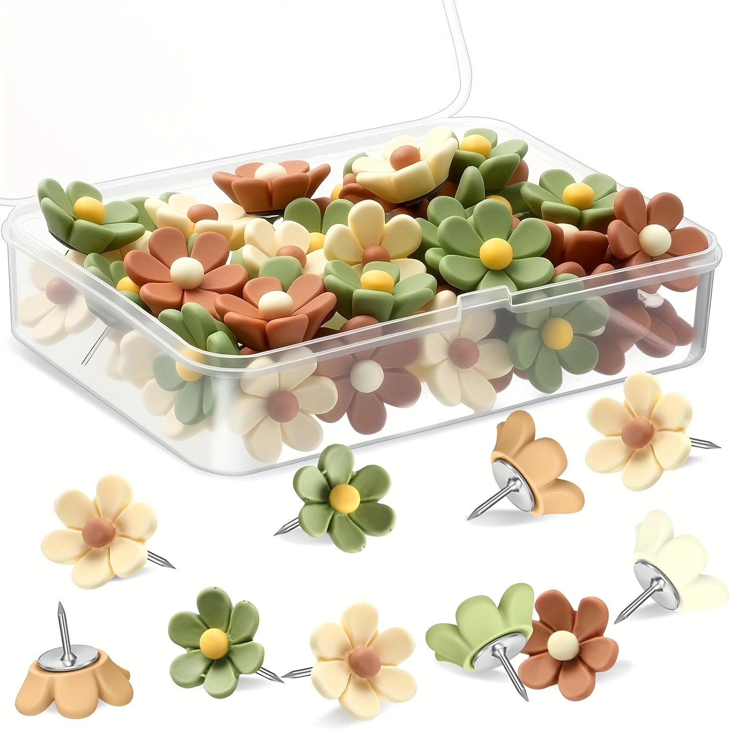 23pcs Floral Push Pins - Soft Wooden Flower-shaped Thumbtacks With Green & Brown Colors, Perfect For Photo Walls, Bulletin Boards, Maps