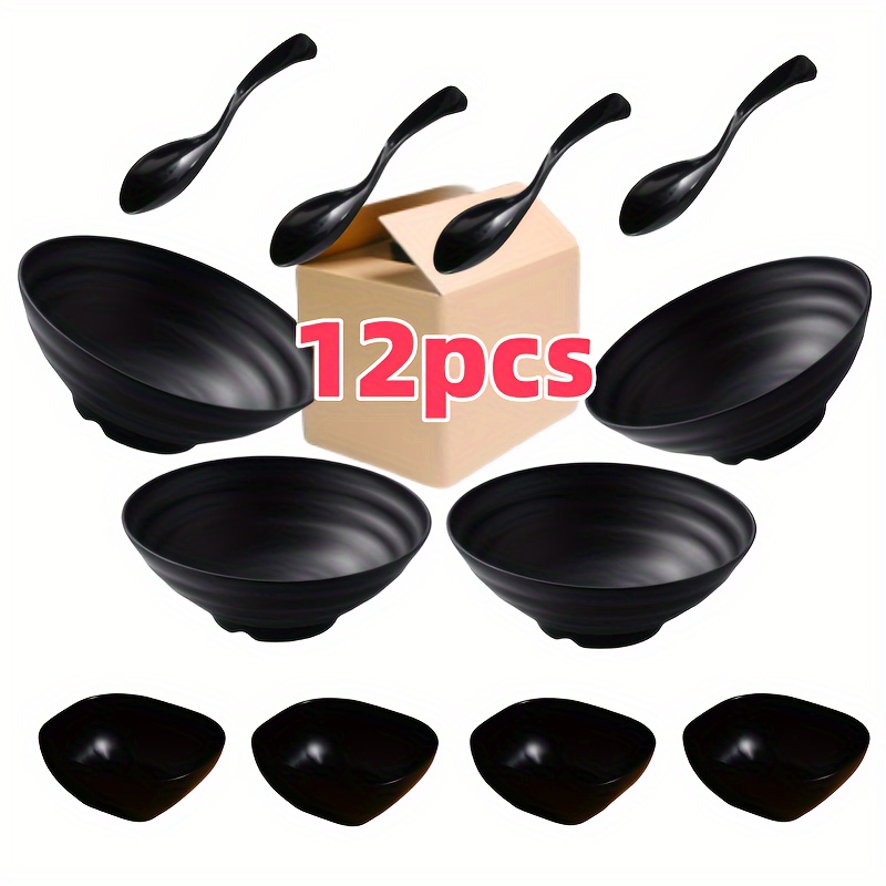 

12pcs Set - Includes 4 Bowls, 4 Spoons And 4 Dipping Plates, Unbreakable Ramen Bowls, Washable Tableware. Very Suitable For Noodles, Soups, , Snacks And Mixes. Reusable, Lightweight, Stackable, Black