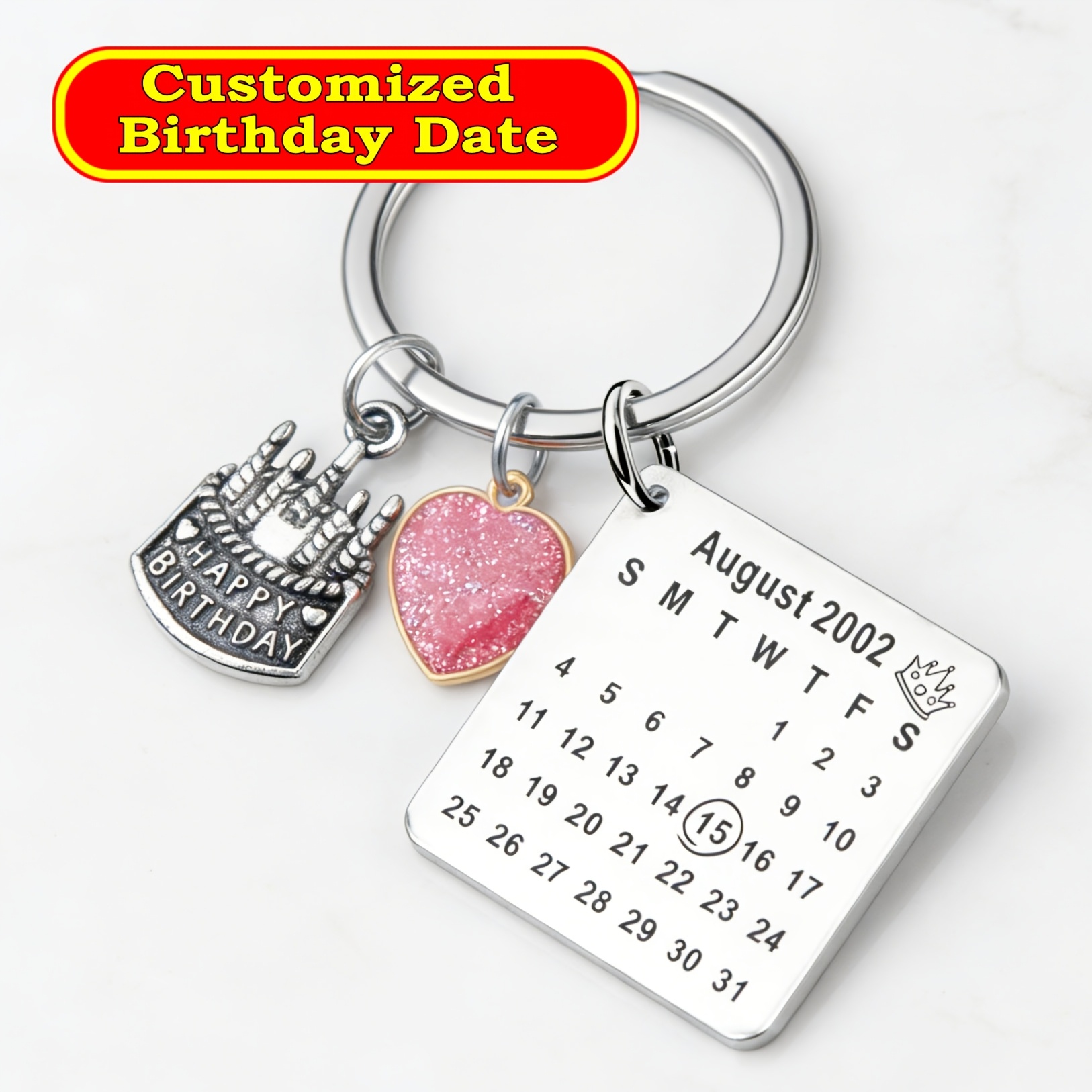 TEMU Porte-clés personnalisé 1 pièce en acier inoxydable, cadeau d'anniversaire avec pendentif calendrier, cœur et gâteau, date de personnalisée,