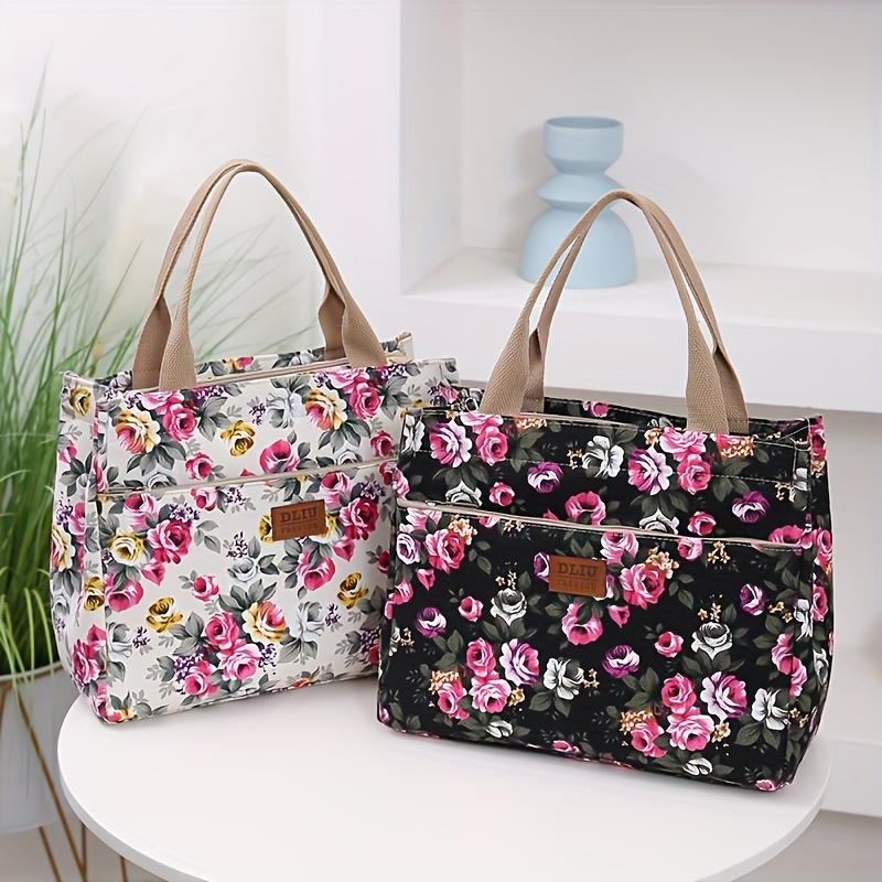 

1pc Fashion Floral Print Tote Bag, Portable Canvas Lunch Bag, Casual Handbag & Bento For Picnic Travel