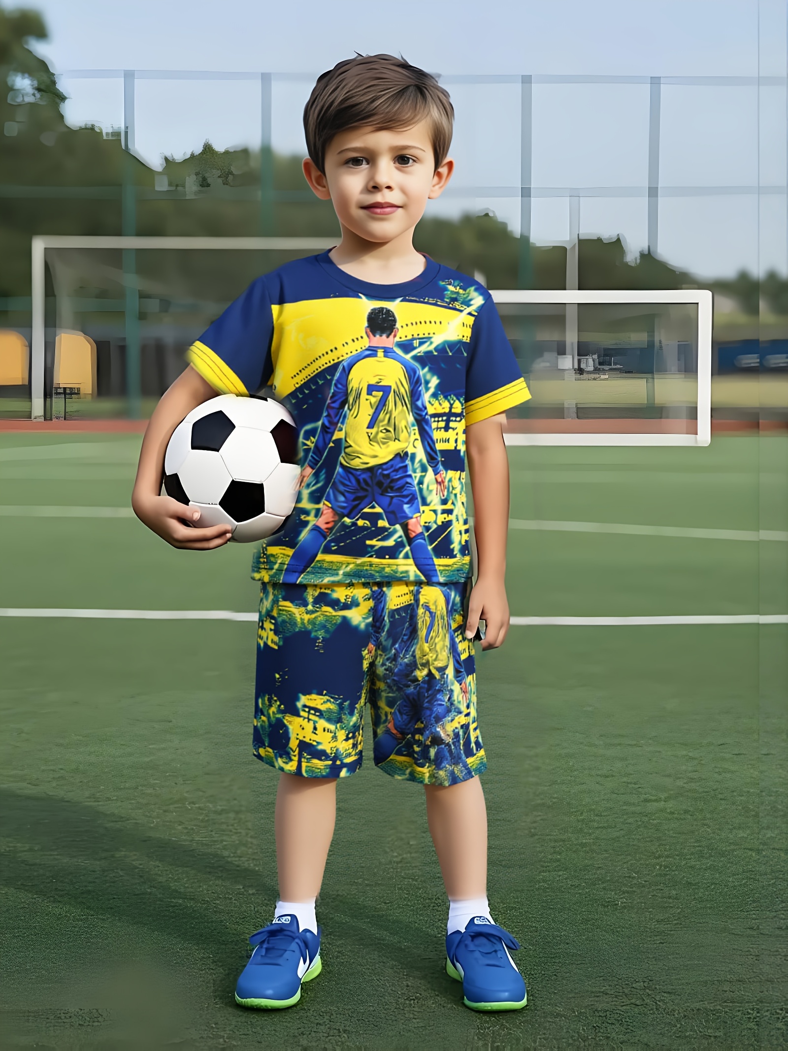 2pcs boys   cartoon letter print short sleeve t shirt and casual shorts set summer new   suitable for school   outdoor sports vacation wear   used as holiday gifts football sports   outdoor