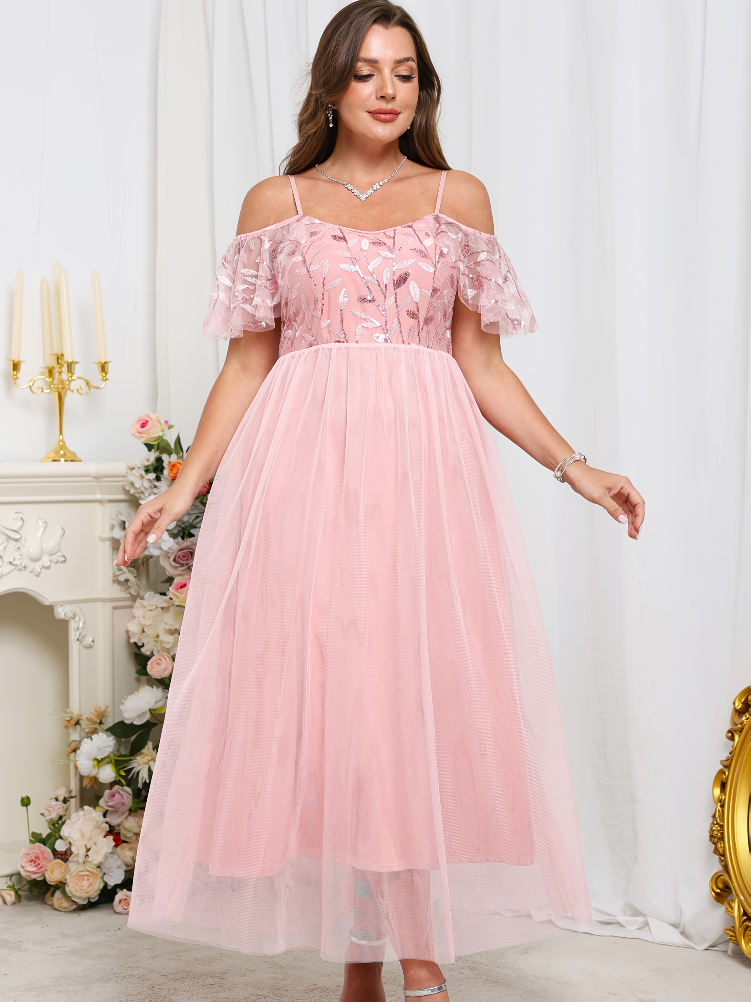 elegant plus size shoulder lace dress women light pink - Temu Mauritius